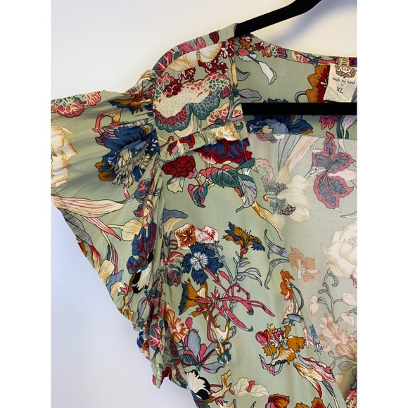 ELF Carmen Wrap Dress Gray Floral Ruffle V Neck Rayon Green Multi Tie Size L/XL - Picture 4 of 15